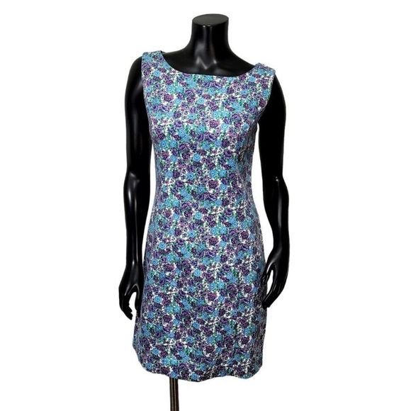 Vintage 90s Sarah Chapman Blue Purple Floral Mini Sheath Dress‎ Easter Church - Picture 1 of 8